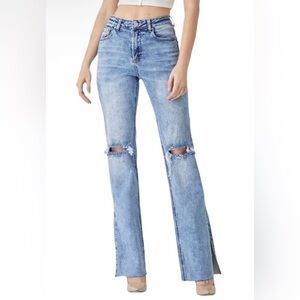 Risen Medium Wash High Waist, Straight-Side Slit Jeans, NWT, Distressed